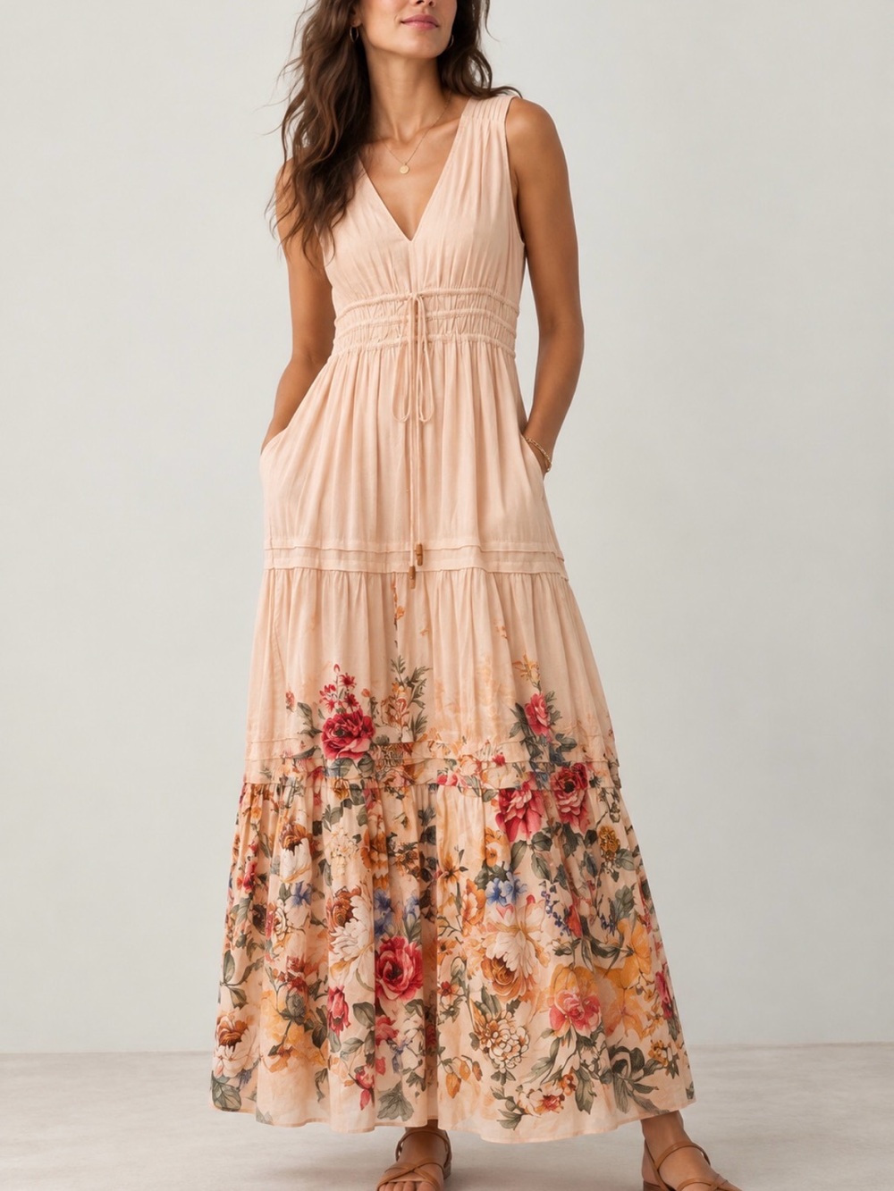 Anthropologie Somerset Linen Ties Floral Maxi Dress L NWOT